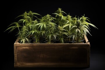 Cannabis plants growing in a dark wooden planter box, lit from above against a black background. - obrazy, fototapety, plakaty
