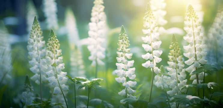 Fototapeta Beautiful white lupine flowers on a blurry background morning sunrise macro. Colorful bright artistic image with a soft focus.