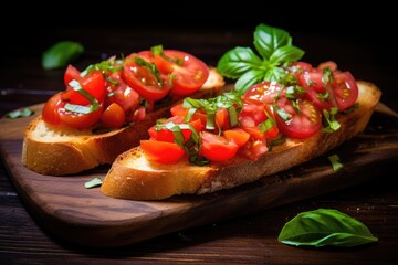 Fototapeta na wymiar Vibrant bruschetta's on a dark wooden board, with fresh tomatoes and basil, under dramatic lighting.