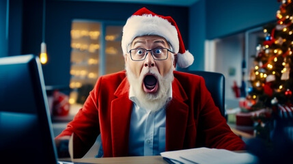 Man in santa suit with surprised look on his face while sitting at desk.