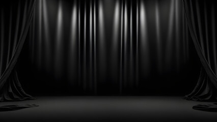 Fondo negro de escenario o teatro con cortinas negras e iluminación estilo reflectores - obrazy, fototapety, plakaty