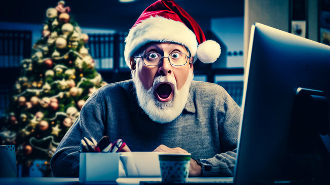 Man in santa hat is at desk with laptop in front of him.