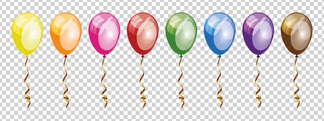 Vector set of realistic balloons with golden ribbon for birthday and party designs, isolated on transparent background