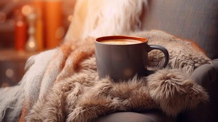 Cup of hot tea or coffee. Knitted warm blanket and sheep skin. Cozy hygge atmosphere at home....