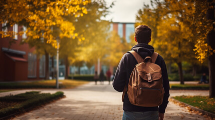 Back to school, Back of college student with backpack while going to university by walking from street, teenager in campus, education background. ai generative - obrazy, fototapety, plakaty
