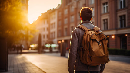 Back to school, Back of college student with backpack while going to university by walking from street, teenager in campus, education background. ai generative - obrazy, fototapety, plakaty