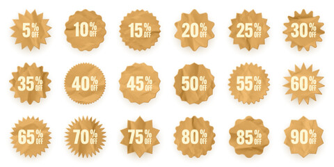 Crumpled paper price tags. Special offer or shopping discount label with percent, discount percentage value. Retail sticker with cardboard texture. Promotional sale badge. Vector illustration