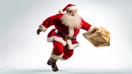 Man dressed as santa claus running with bag of gifts in his hand.