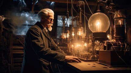 A scientist who conducts research on electricity. - obrazy, fototapety, plakaty