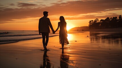 Couple walking hand-in-hand on a beach at sunset