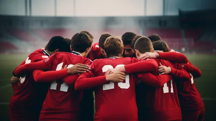 Fotobehang Teenage boy high school football team connecting hands in huddle. ai generative © Oleksandr