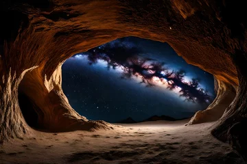 Foto op Canvas A view of the night sky from inside an eye-shaped cave, with the stars and Milky Way galaxy clearly visible.  © Abid