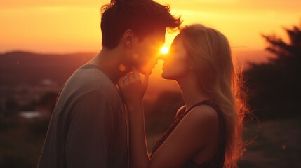 Romantic young couple kissing outdoor at sunset, boy friend and girl friend have a moment at twilight.