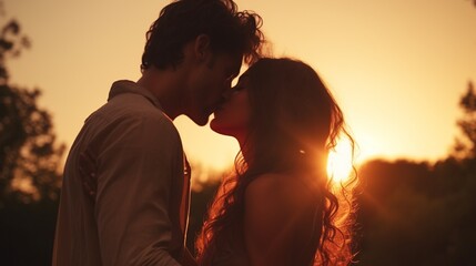 Romantic young couple kissing outdoor at sunset, boy friend and girl friend have a moment at twilight. - obrazy, fototapety, plakaty