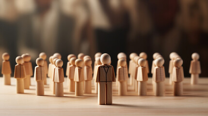 Leadership wooden business team with one person standing out from the crowd. ai generative - obrazy, fototapety, plakaty