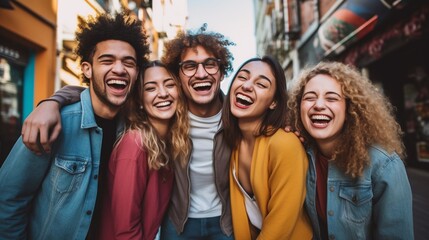 Multicultural happy friends having fun taking group selfie portrait on city street - Multiracial young people celebrating laughing together outdoors - Happy lifestyle concept - obrazy, fototapety, plakaty