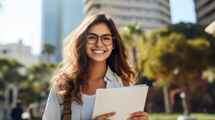 Pretty cheerful latin american student with framed eyeglasses smiling at camera carrying notebook on campus at college - Powered by Adobe