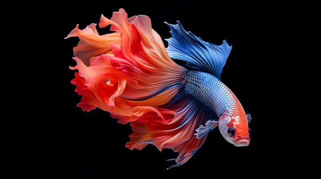Betta fish. Colorful fighting Siamese fish with beautiful silk tail isolated on black. Amazing exotic tropical fish ai generated illustration