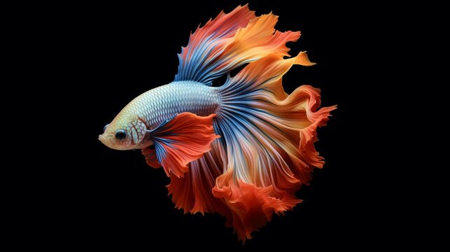 Betta fish. Colorful fighting Siamese fish with beautiful silk tail isolated on black. Amazing exotic tropical fish ai generated illustration