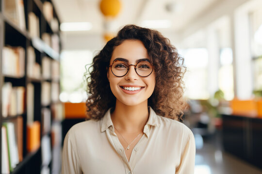 Joyful smiling bright beautiful female college student head shot portrait in the university library. ai generative