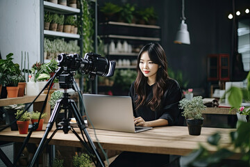 Behind the scenes of vlogger recording content for social media. Influencer making a video. Behind the scene concept.