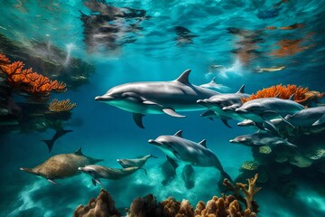 A pod of dolphins swimming through a crystal-clear sea, with coral reefs and colorful fish visible below the surface.  