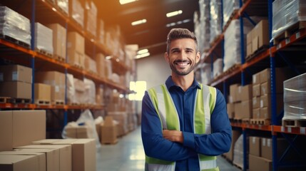 A man standing confidently with crossed arms in a warehouse