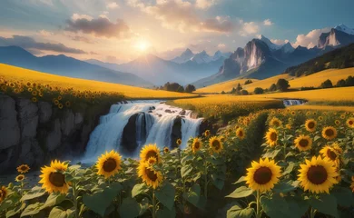 Schilderijen op glas A blooming sunflowers field with beautiful nature background. © Creative_Bringer