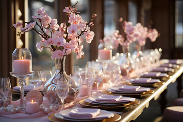 Elegant wedding reception table set with crystal glasses, and decorative floral centerpieces.