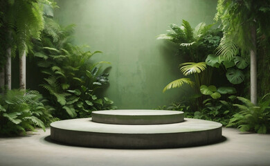 Concrete podium with tropical plants background