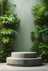 Concrete podium with tropical plants background