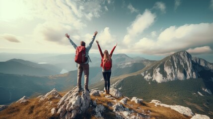 Fototapeta premium A couple standing triumphantly on the summit of a majestic mountain