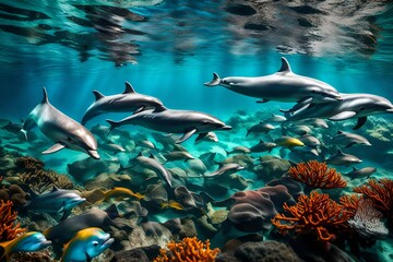 Fototapeta na wymiar A pod of dolphins swimming through a crystal-clear sea, with coral reefs and colorful fish visible below the surface. 