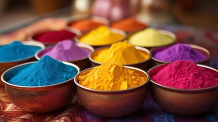Holi Festival color powder. organic gulal colors in bowl 25th March Generative AI