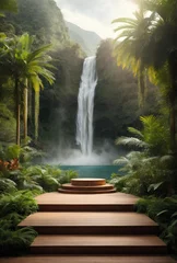  Modern podium for product presentation with mountain and waterfall background. © Creative Bringer