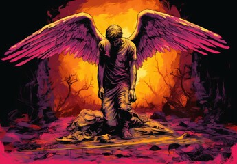 A fallen angel with spread wings and a sword stuck in the ground against the background of destroyed buildings. Medieval biblical character. A symbol of evil on earth. Illustration.