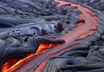  Close-up of flowing lava, top view. Dark texture background. Dangerous nature environment. Eruption of active volcano. Illustration for cover, card, postcard, brochure or advertising. © Login