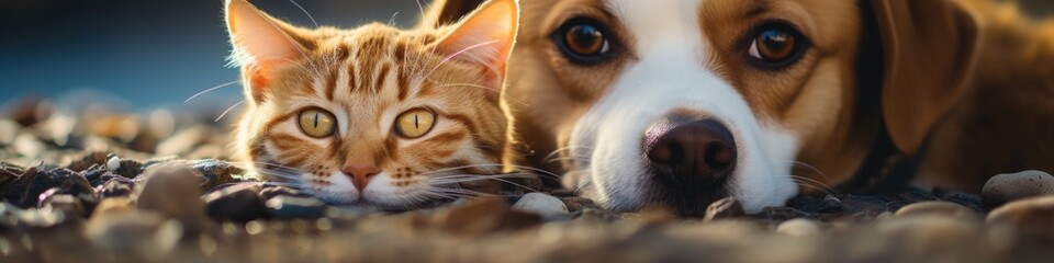 Close-up photo of dog and cat. - obrazy, fototapety, plakaty