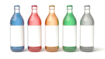 Transparent, filled, colored bottles with a white label. 3d illustration