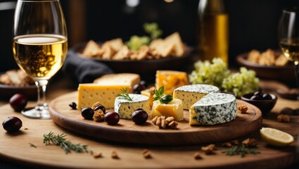 cheese on a slate serving board, closeup. Dairy products. Cheese Selection. food assortment on dark background - obrazy, fototapety, plakaty