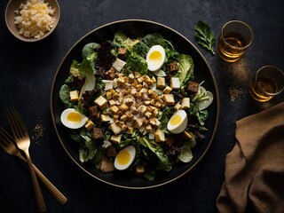 Dark plate with Caesar salad on dark background