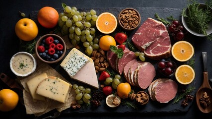 gourmet Affettati Misti featuring various meats, cheeses, and fruits on a slate serving board, food assortment on dark background - obrazy, fototapety, plakaty