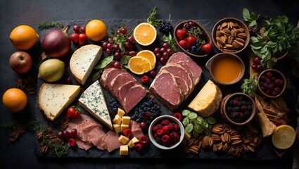 gourmet Affettati Misti featuring various meats, cheeses, and fruits on a slate serving board, food assortment on dark background