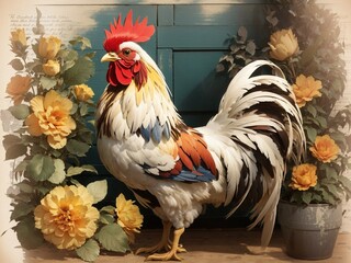 Vintage rooster in the farm, Loose sketchbook art, Garden Farm Rooster 
