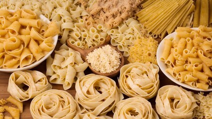 Top view of raw Italian pasta (penne, pipe, tagliatelle, cannelloni, rotini, fusilli, rigatoni, spaghetti, farfalle) - obrazy, fototapety, plakaty
