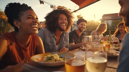 A group of people enjoying a meal together at a table - obrazy, fototapety, plakaty