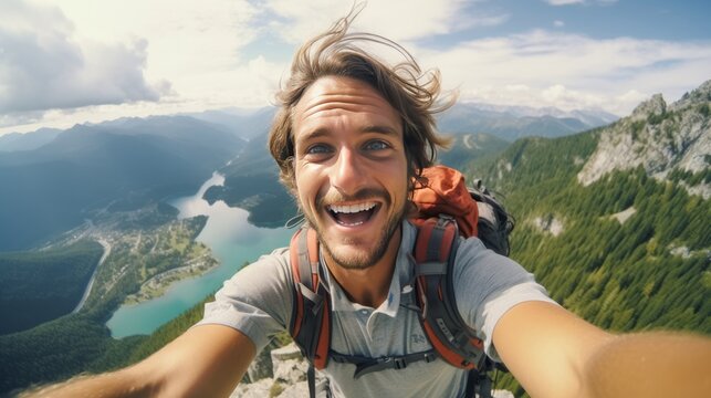 A man capturing a breathtaking mountain view with a selfie