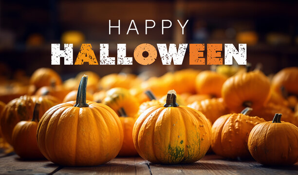 Happy Halloween Card, Label, Typography on Orange Pumpkins Background. Image created by Generative AI tools.	