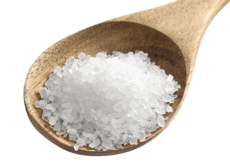 Sea ​​salt pile in wooden spoon isolated on white, macro