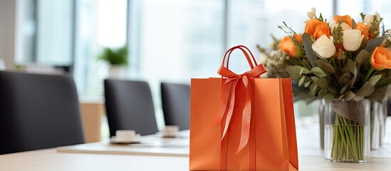 Corporate gifts and souvenirs for employees and conference attendees gift bag for conference participants process of corporate gift presentation at the office With copyspace for text